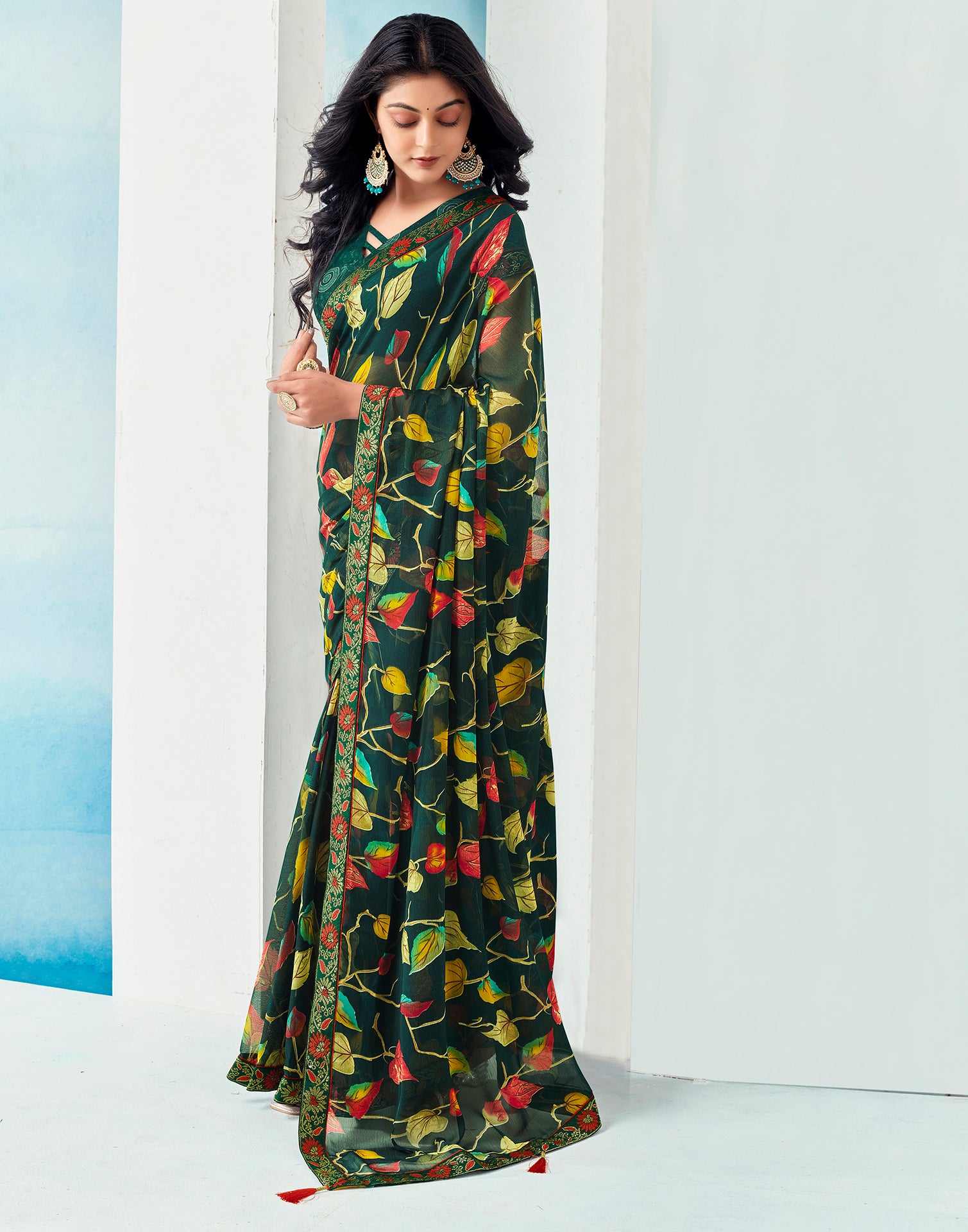 Dark Green Chiffon Printed Saree