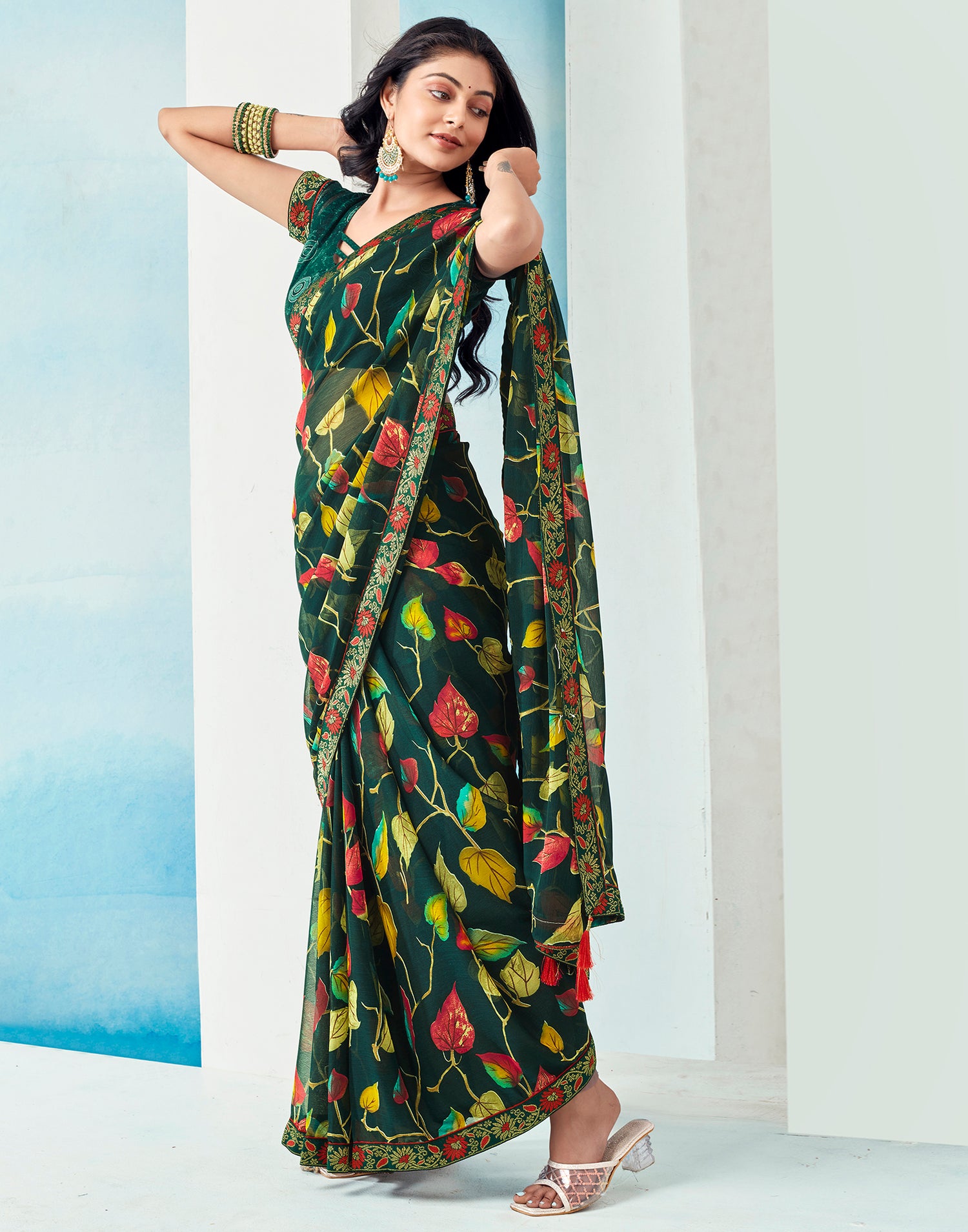 Dark Green Chiffon Printed Saree