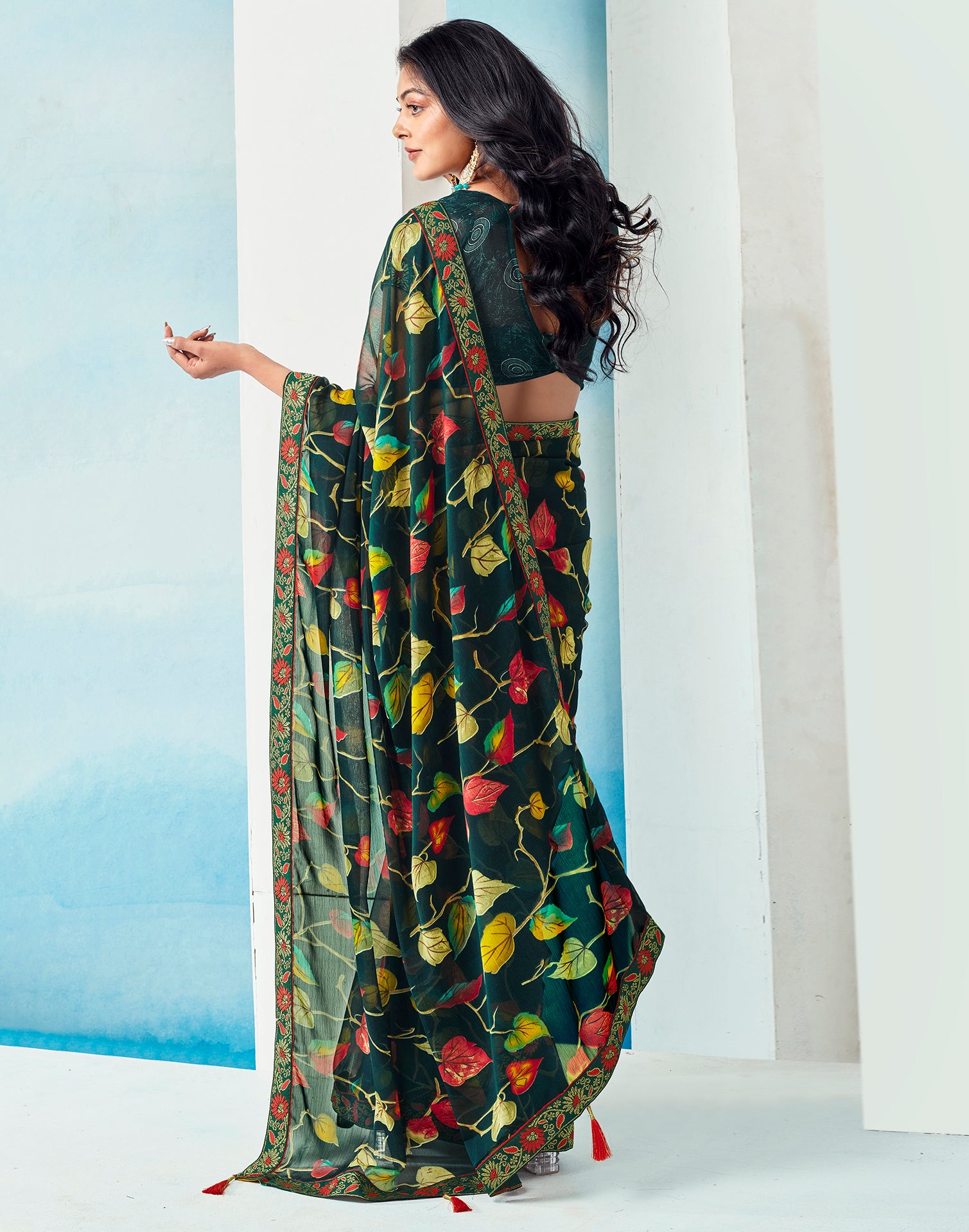 Dark Green Chiffon Printed Saree