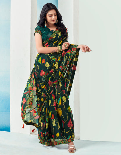 Dark Green Chiffon Printed Saree