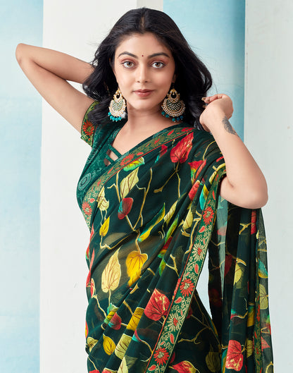 Dark Green Chiffon Printed Saree