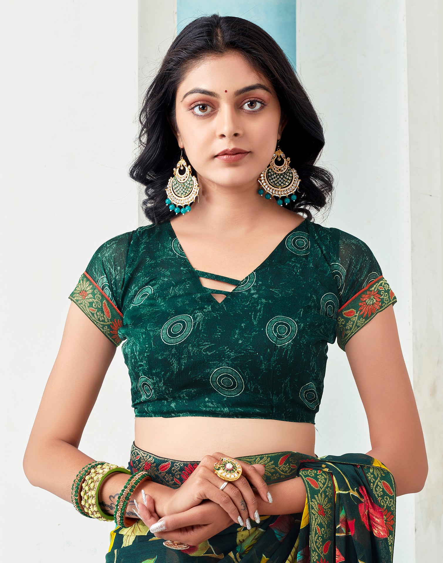 Dark Green Chiffon Printed Saree