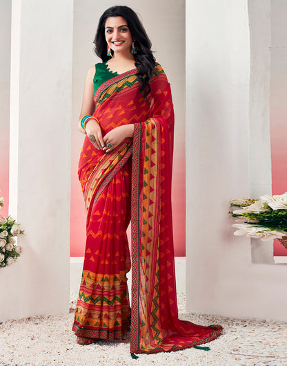 Red Chiffon Printed Saree