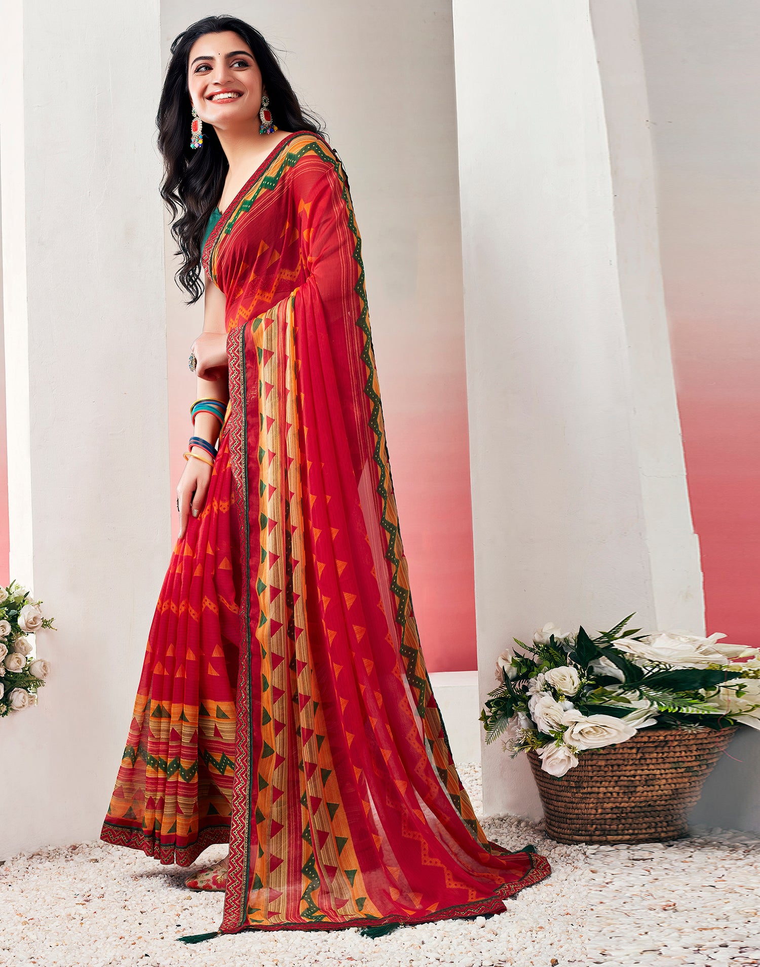 Red Chiffon Printed Saree