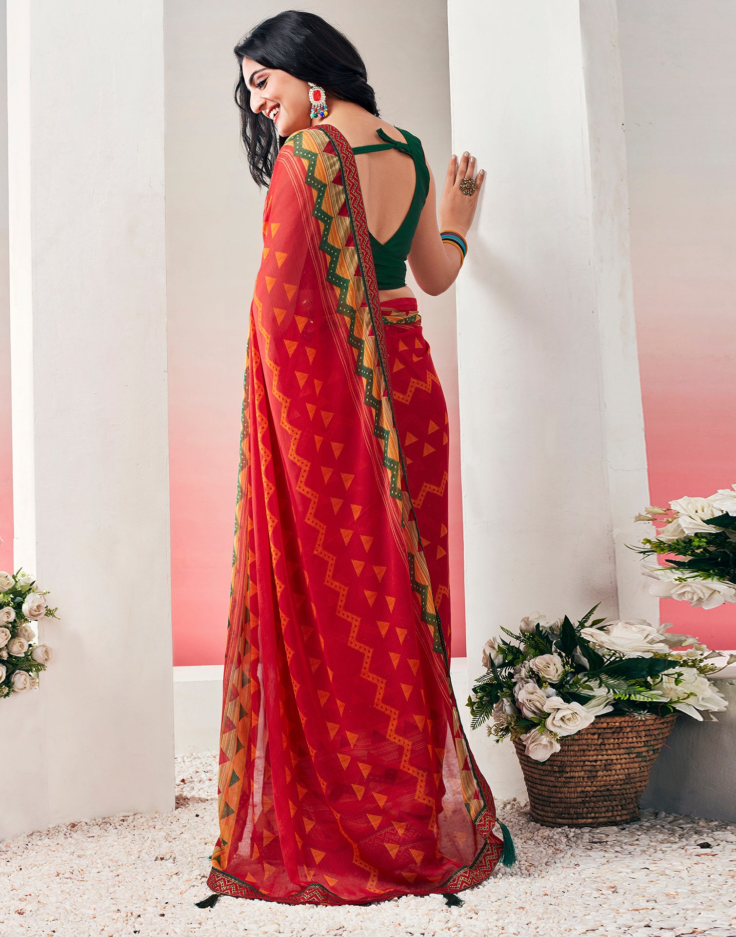 Red Chiffon Printed Saree