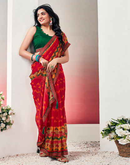 Red Chiffon Printed Saree