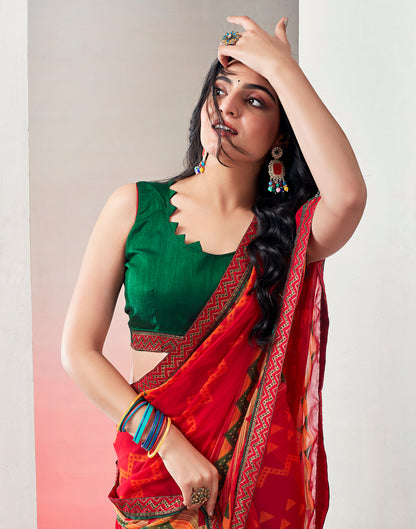 Red Chiffon Printed Saree