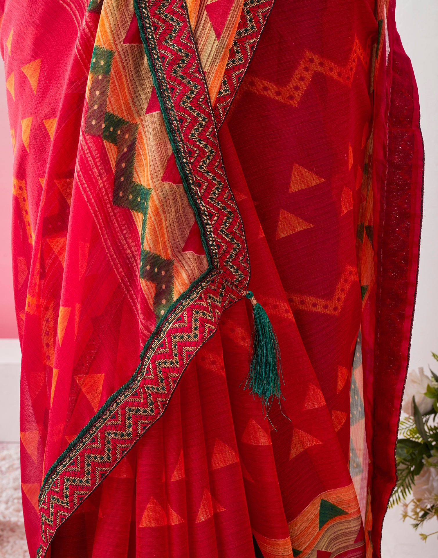 Red Chiffon Printed Saree