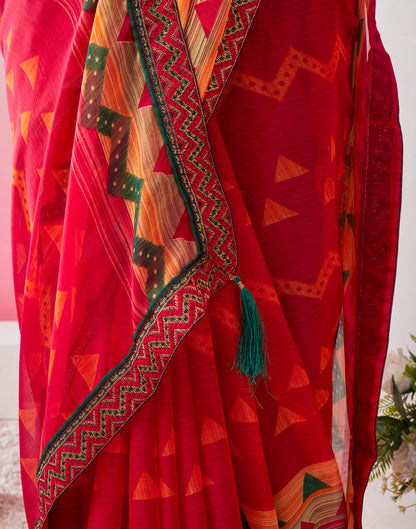 Red Chiffon Printed Saree