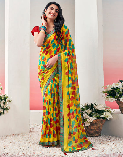 Yellow &amp; Multicolored Chiffon Printed Saree