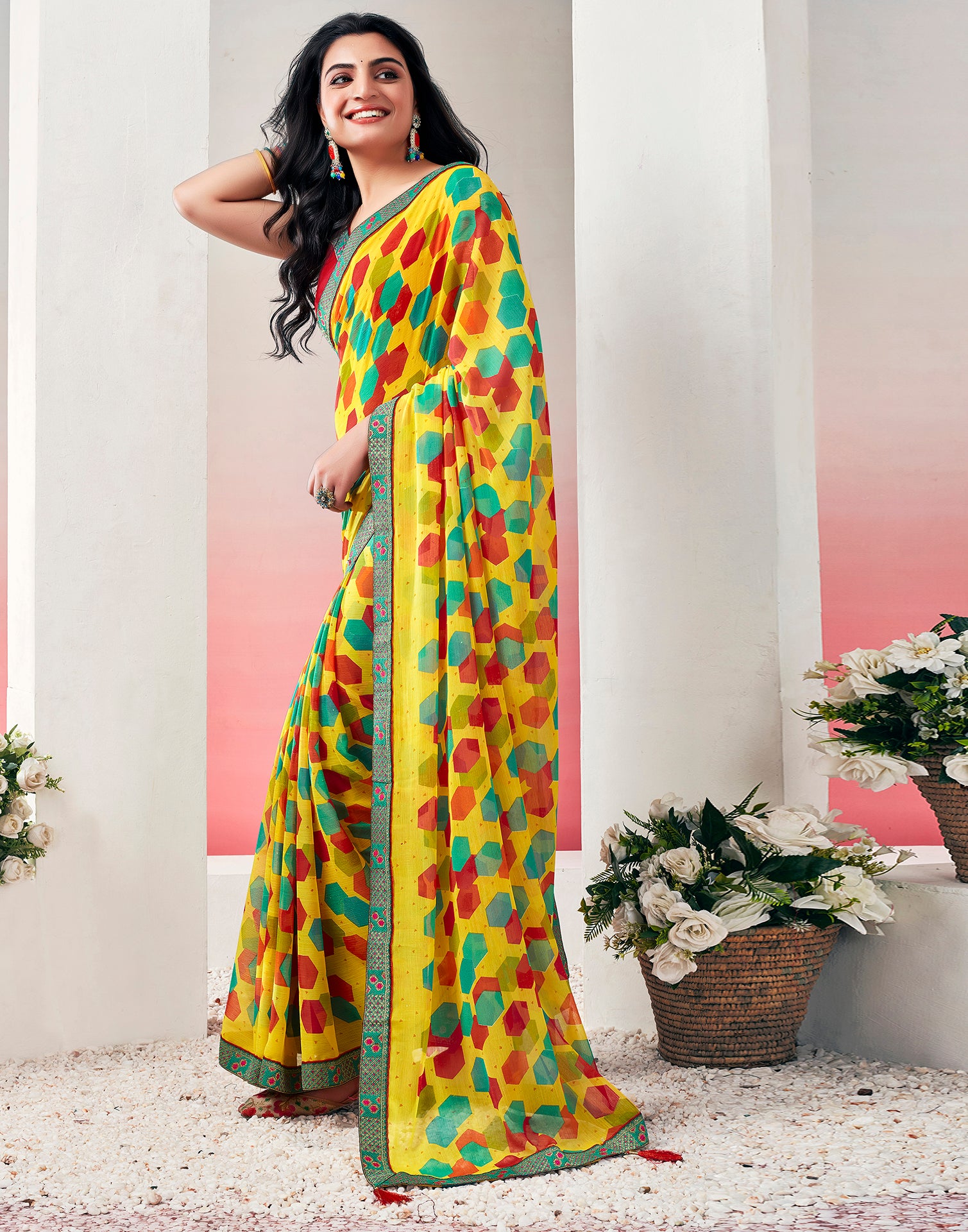 Yellow &amp; Multicolored Chiffon Printed Saree