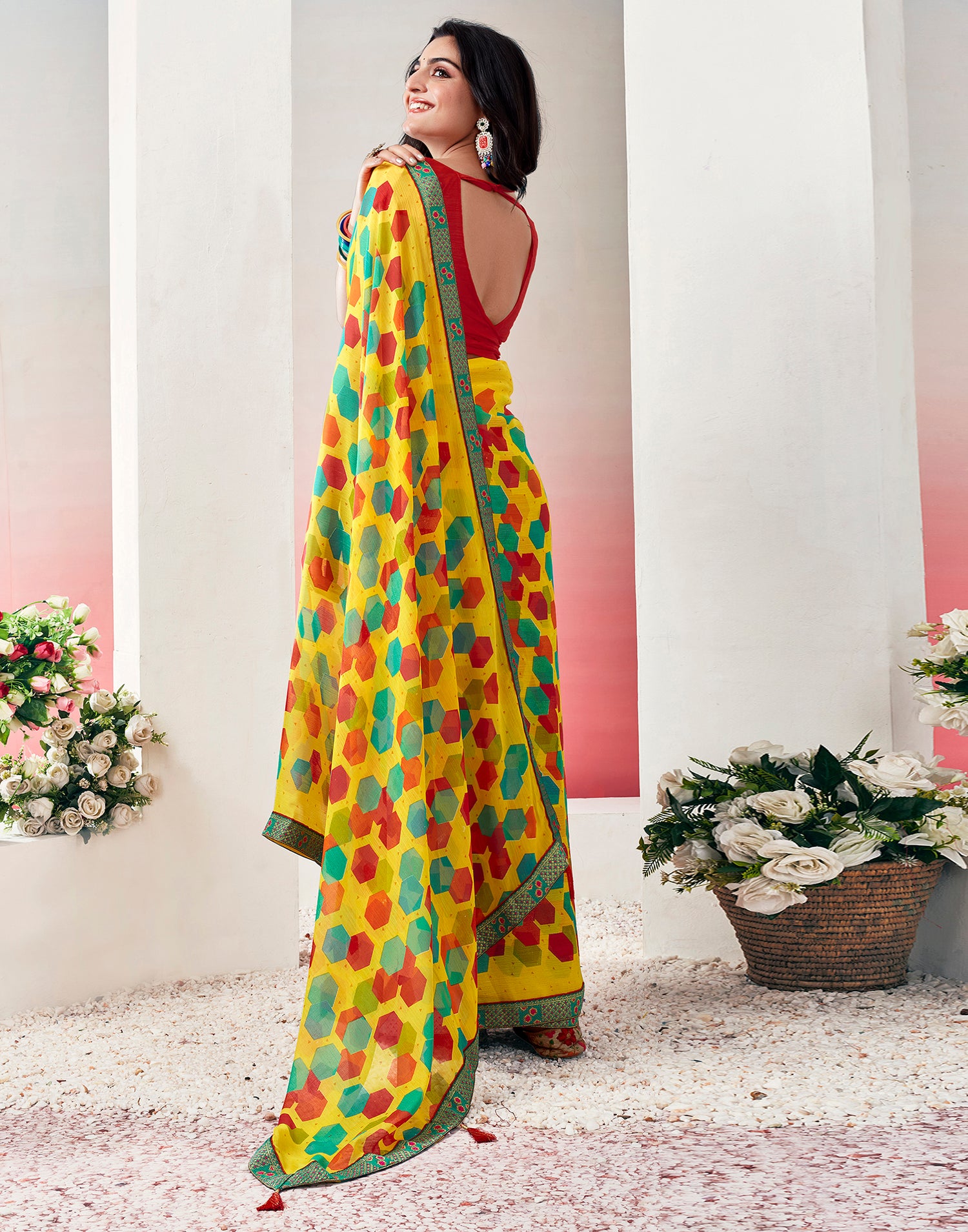 Yellow &amp; Multicolored Chiffon Printed Saree