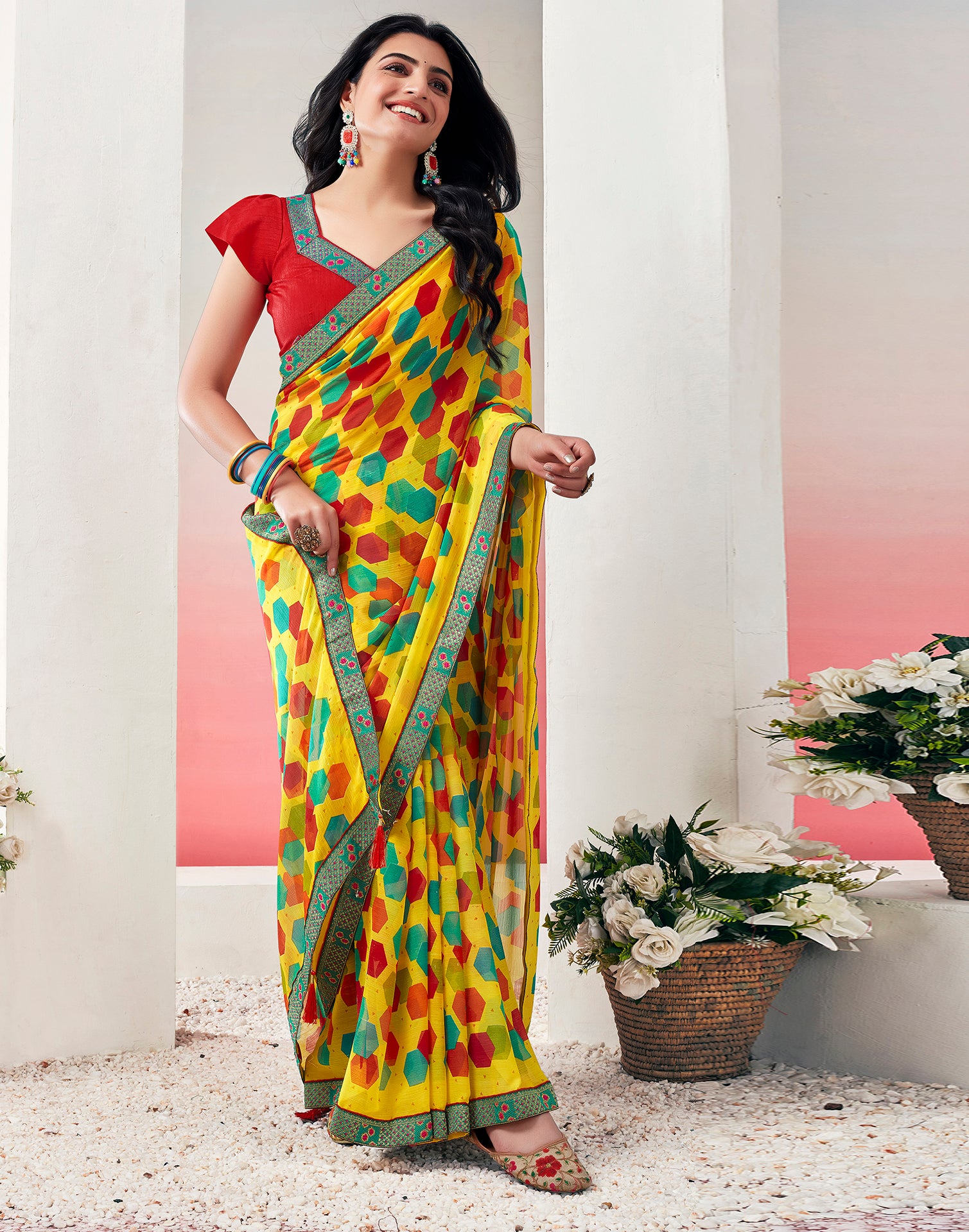 Yellow &amp; Multicolored Chiffon Printed Saree