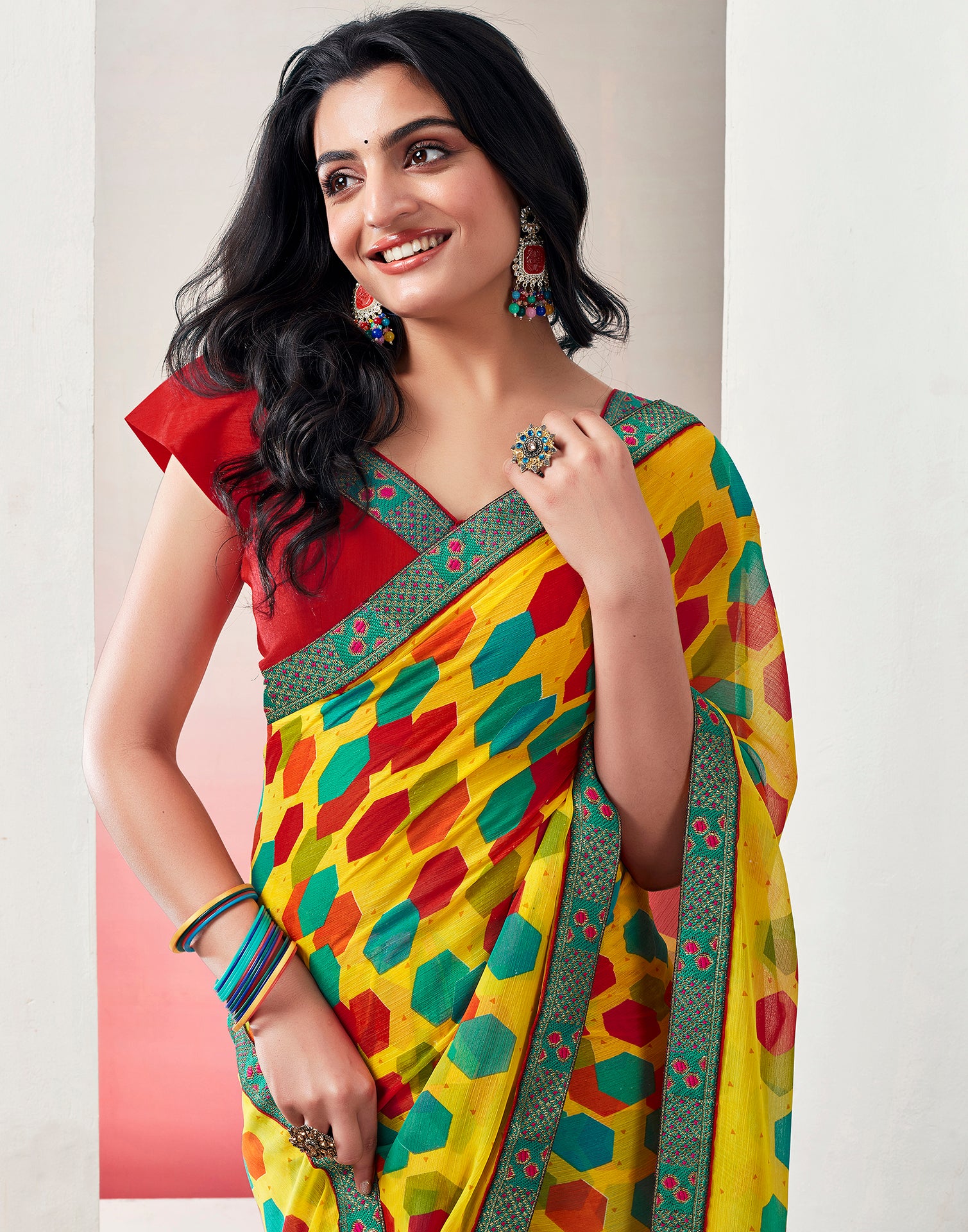 Yellow &amp; Multicolored Chiffon Printed Saree