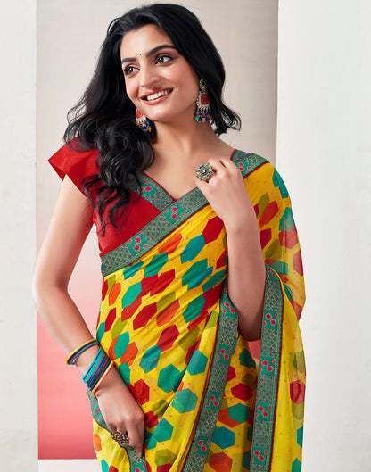 Yellow &amp; Multicolored Chiffon Printed Saree