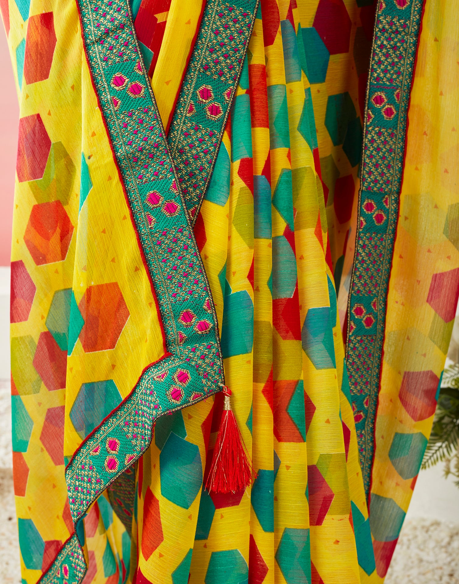 Yellow &amp; Multicolored Chiffon Printed Saree