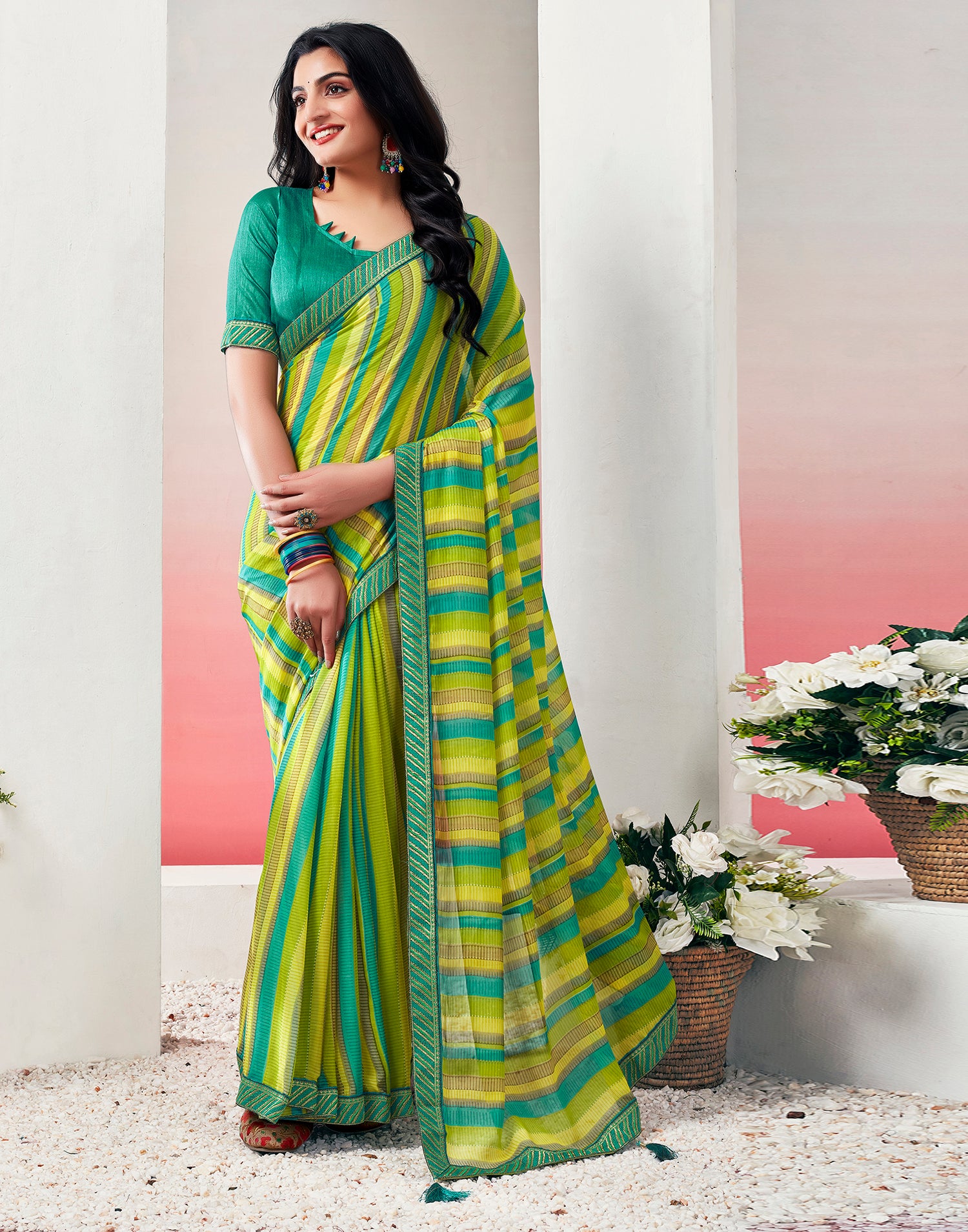 Green Chiffon Printed Saree