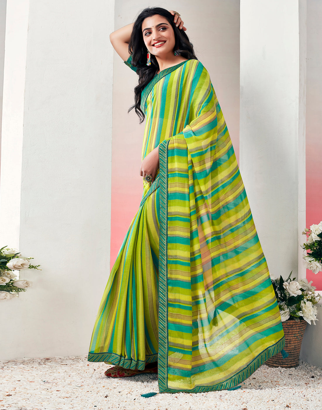 Green Chiffon Printed Saree