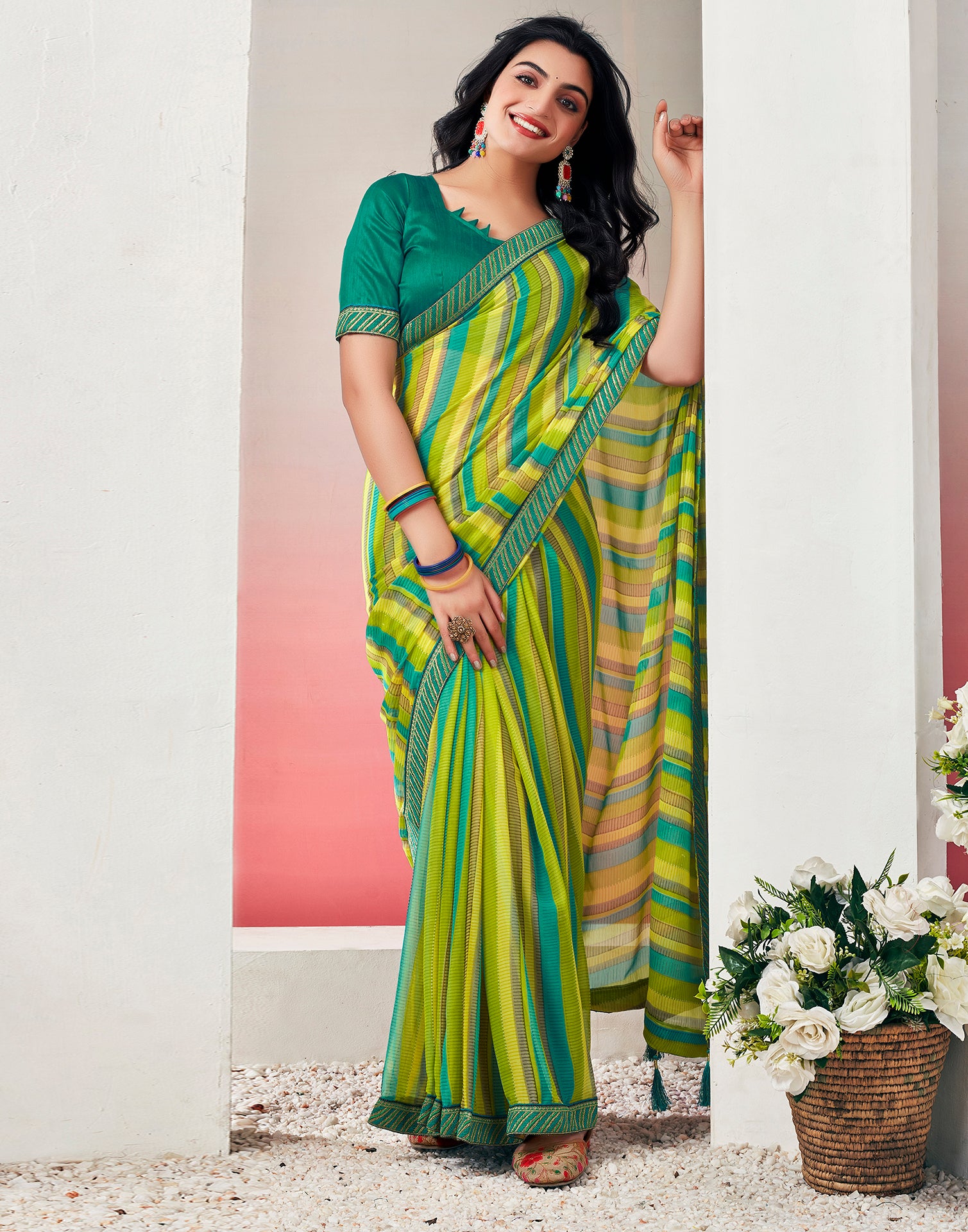 Green Chiffon Printed Saree