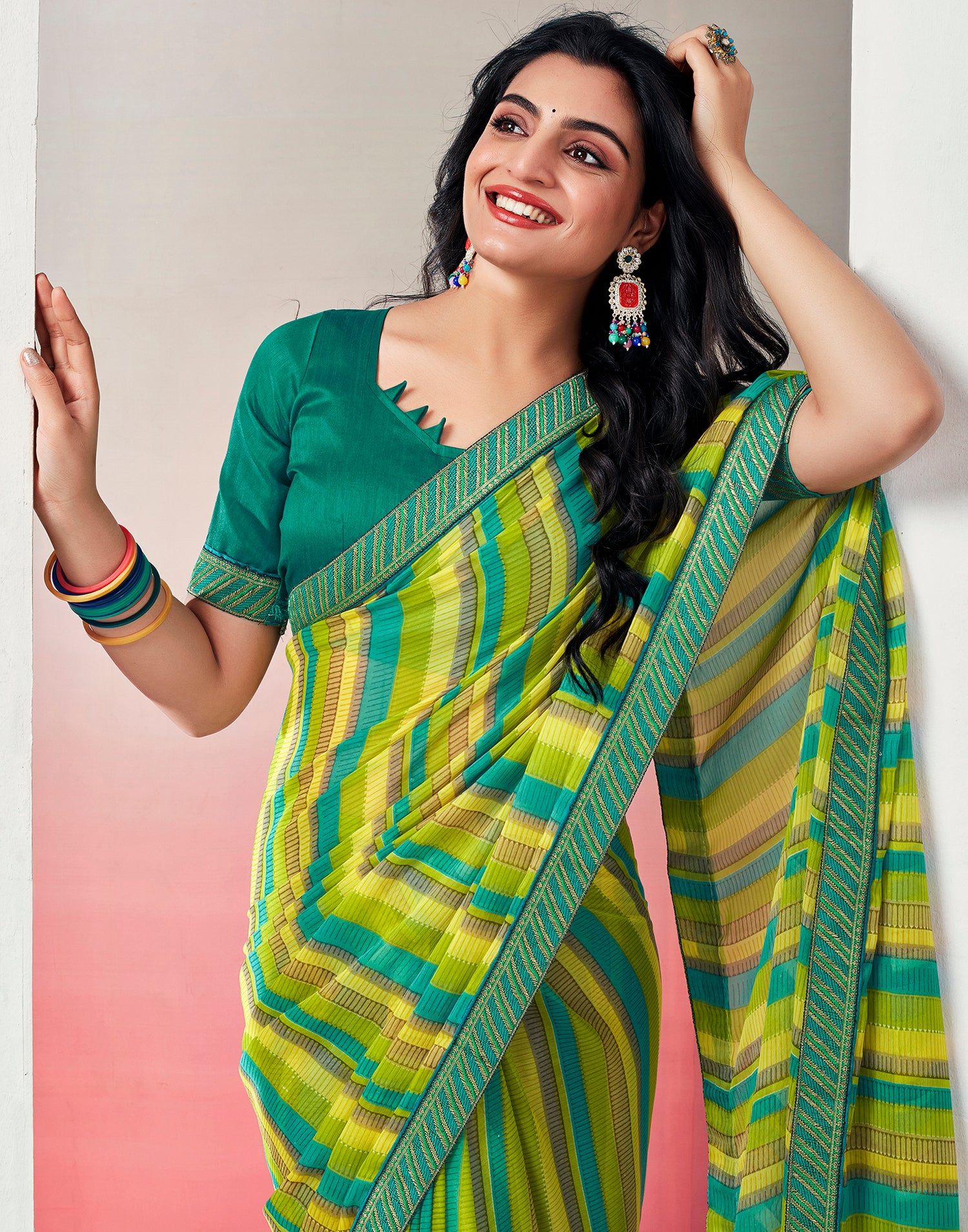 Green Chiffon Printed Saree