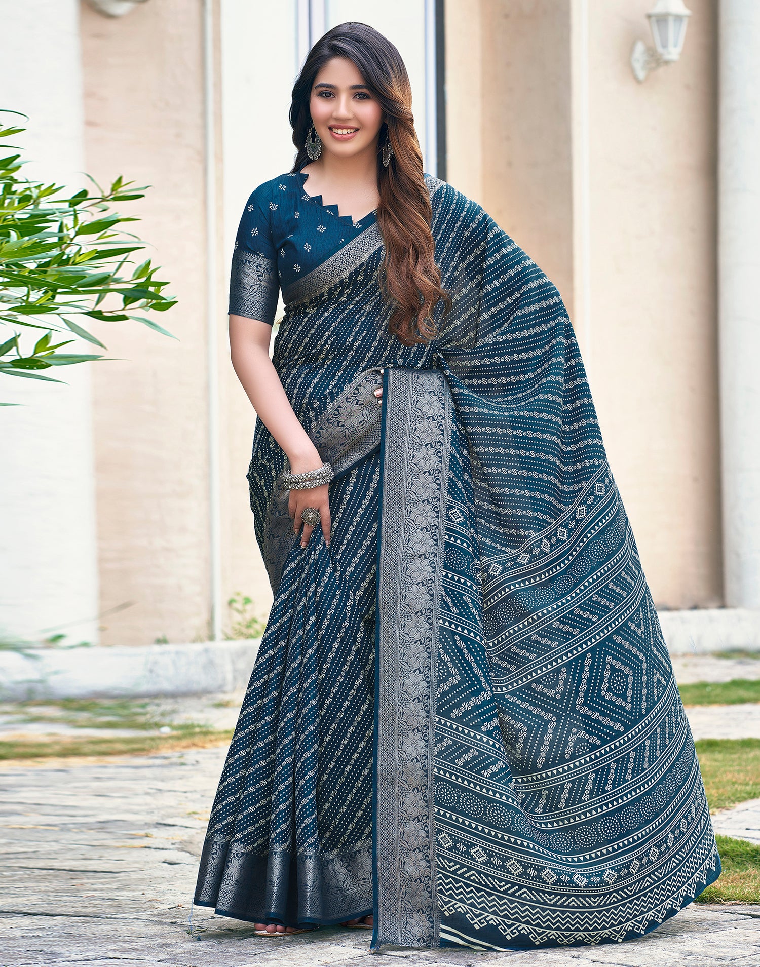 Sea Blue Silk Printed Saree