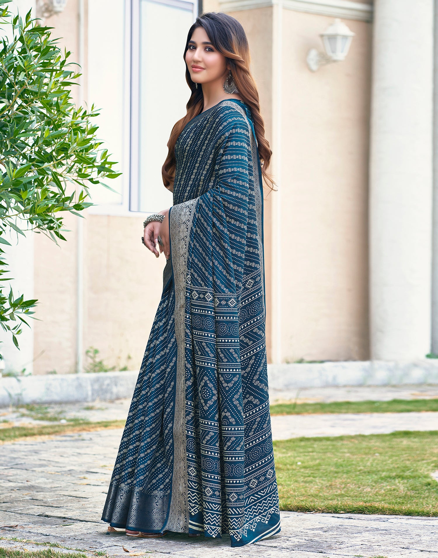 Sea Blue Silk Printed Saree