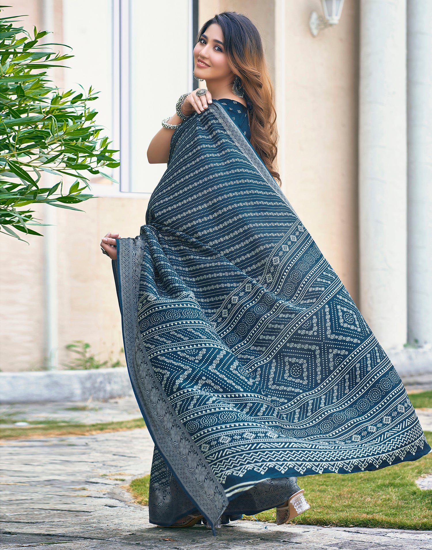 Sea Blue Silk Printed Saree