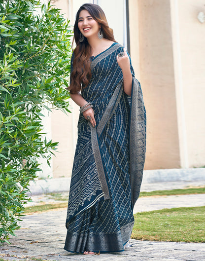 Sea Blue Silk Printed Saree