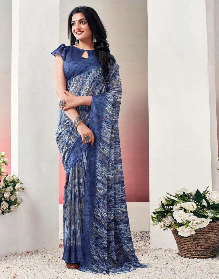 Blue. Multi Chiffon Printed  Saree