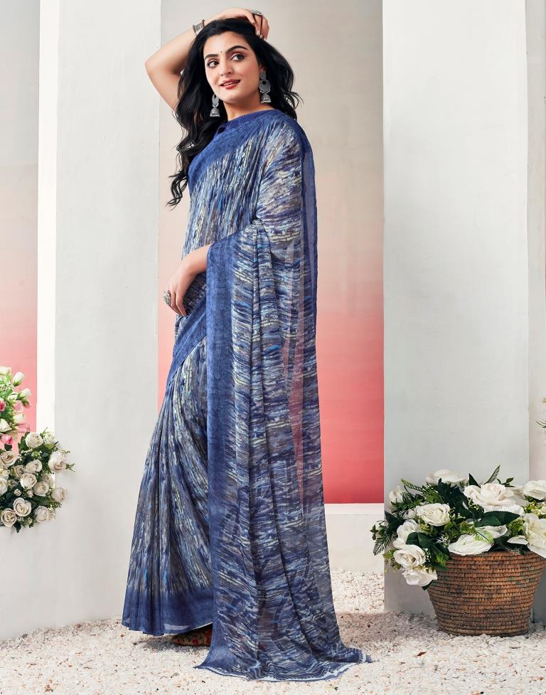 Blue. Multi Chiffon Printed  Saree