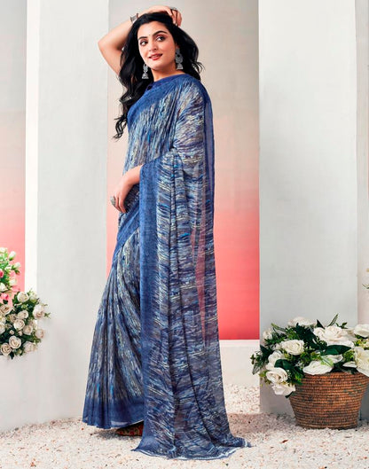 Blue. Multi Chiffon Printed  Saree