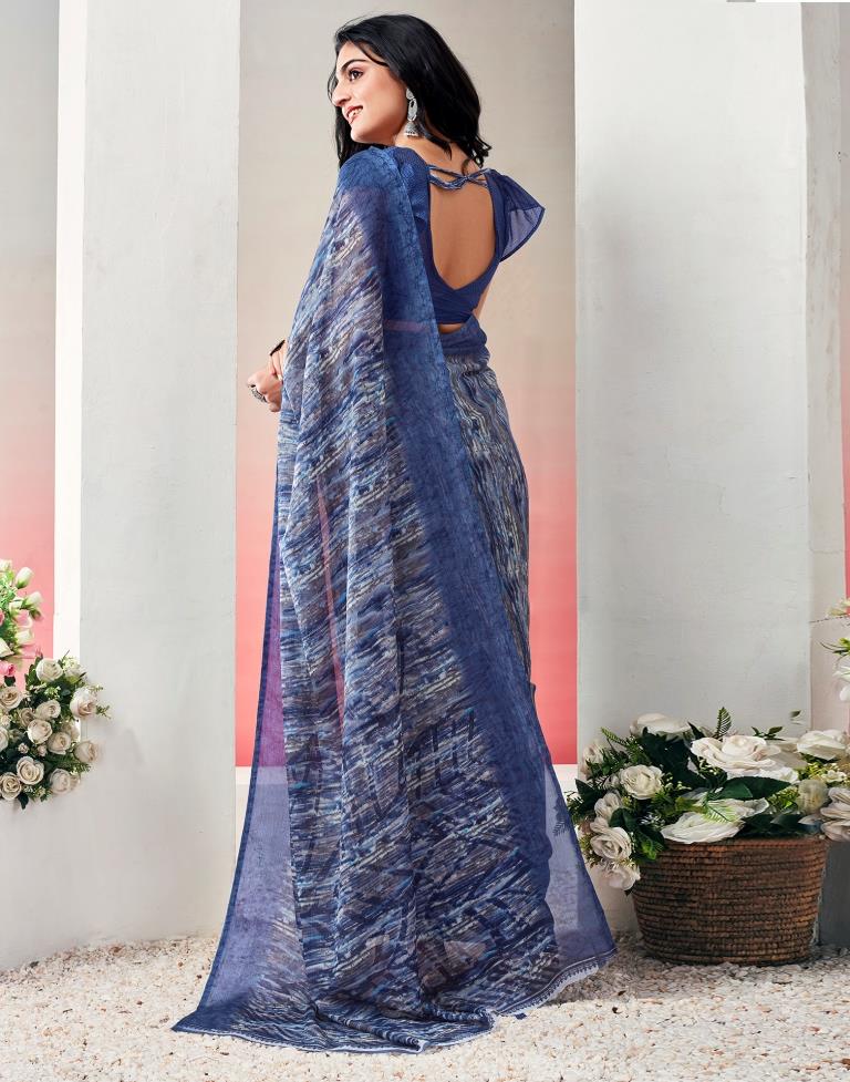 Blue. Multi Chiffon Printed  Saree