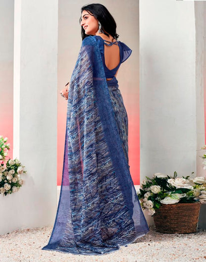 Blue. Multi Chiffon Printed  Saree