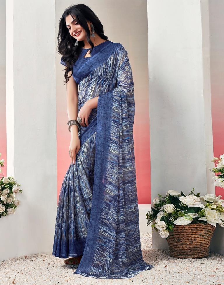 Blue. Multi Chiffon Printed  Saree