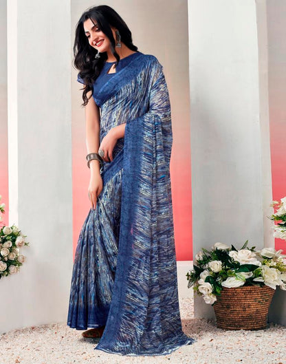 Blue. Multi Chiffon Printed  Saree