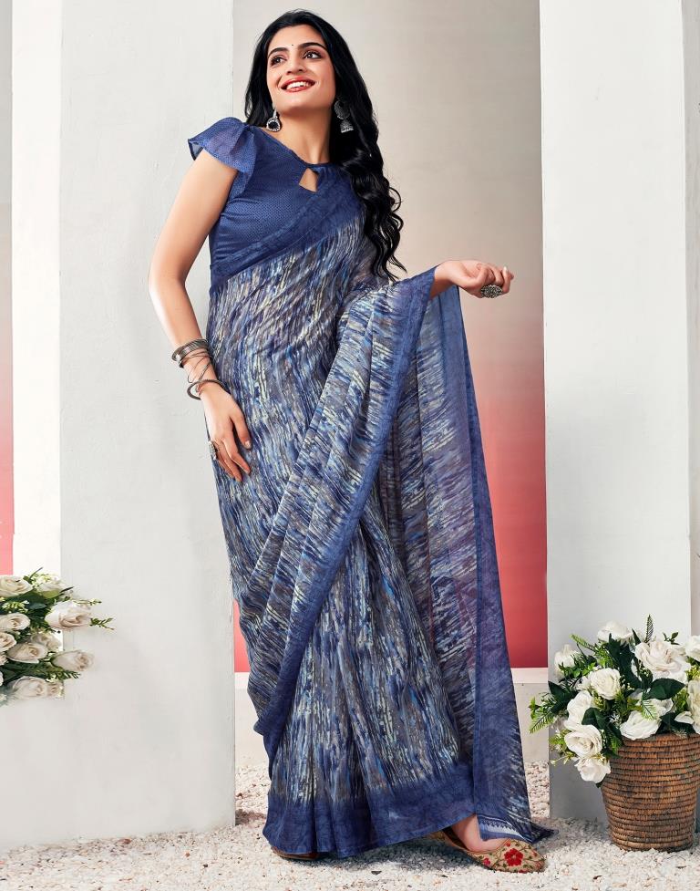 Blue. Multi Chiffon Printed  Saree