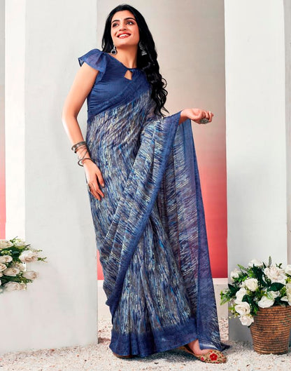 Blue. Multi Chiffon Printed  Saree