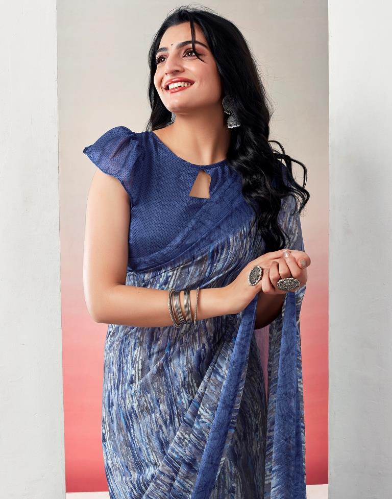 Blue. Multi Chiffon Printed  Saree