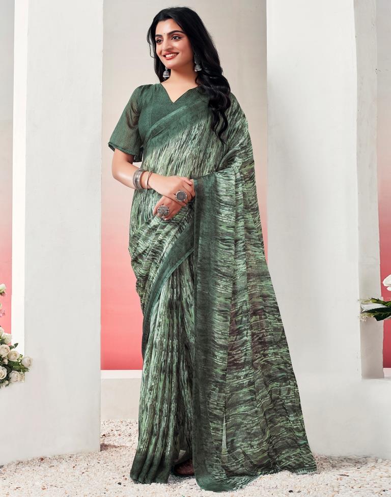 Olive Green Chiffon Printed  Saree