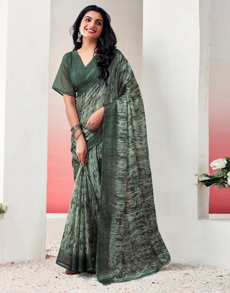 Olive Green Chiffon Printed  Saree