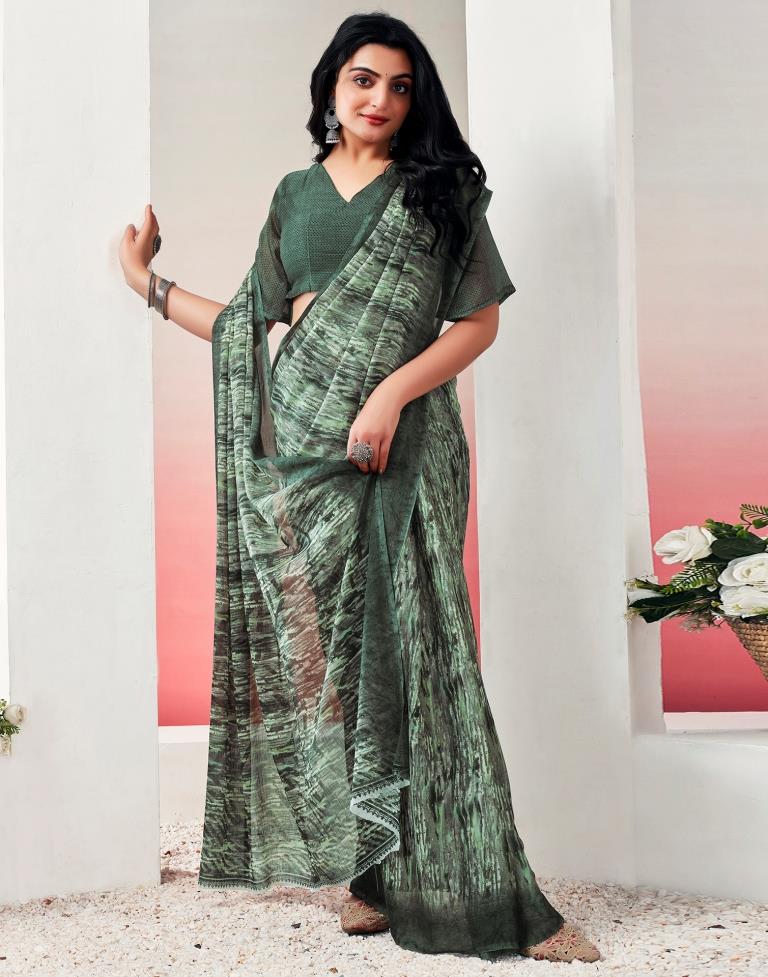 Olive Green Chiffon Printed  Saree