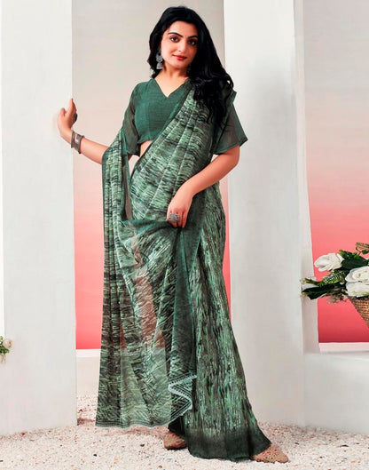 Olive Green Chiffon Printed  Saree