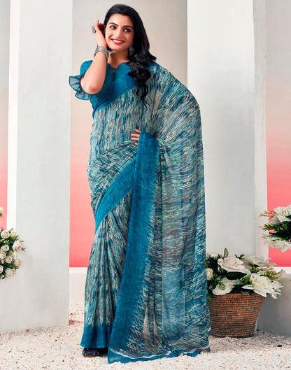 Teal Blue Chiffon Printed  Saree