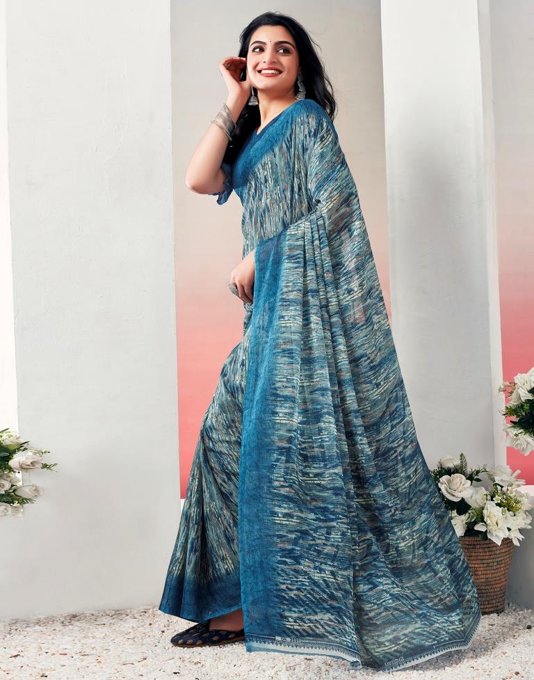 Teal Blue Chiffon Printed  Saree