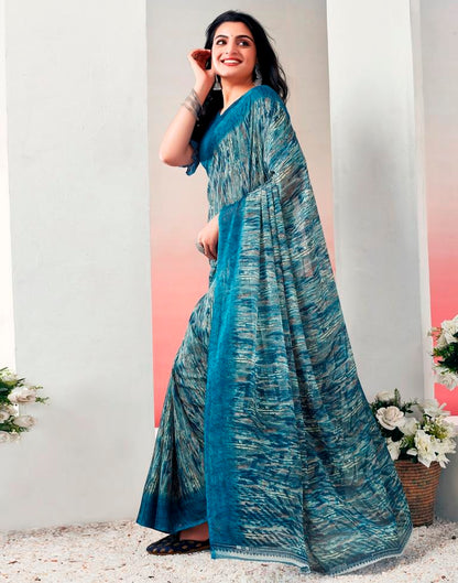 Teal Blue Chiffon Printed  Saree