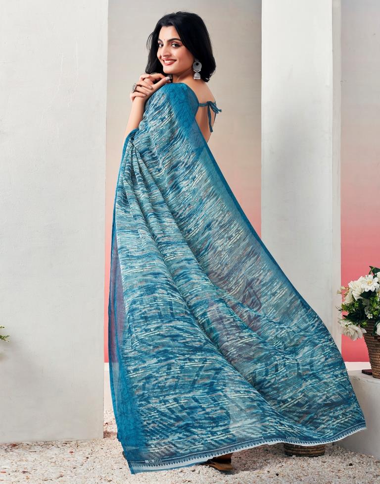 Teal Blue Chiffon Printed  Saree