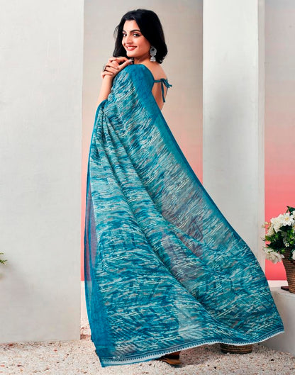 Teal Blue Chiffon Printed  Saree