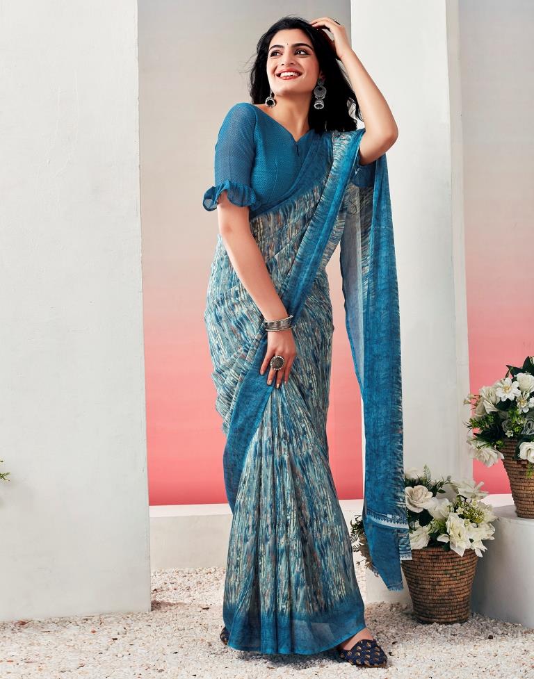 Teal Blue Chiffon Printed  Saree