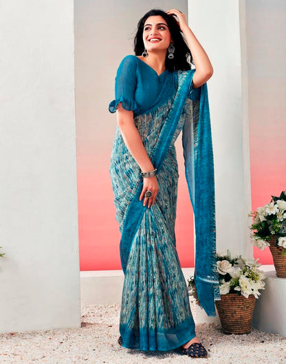 Teal Blue Chiffon Printed  Saree