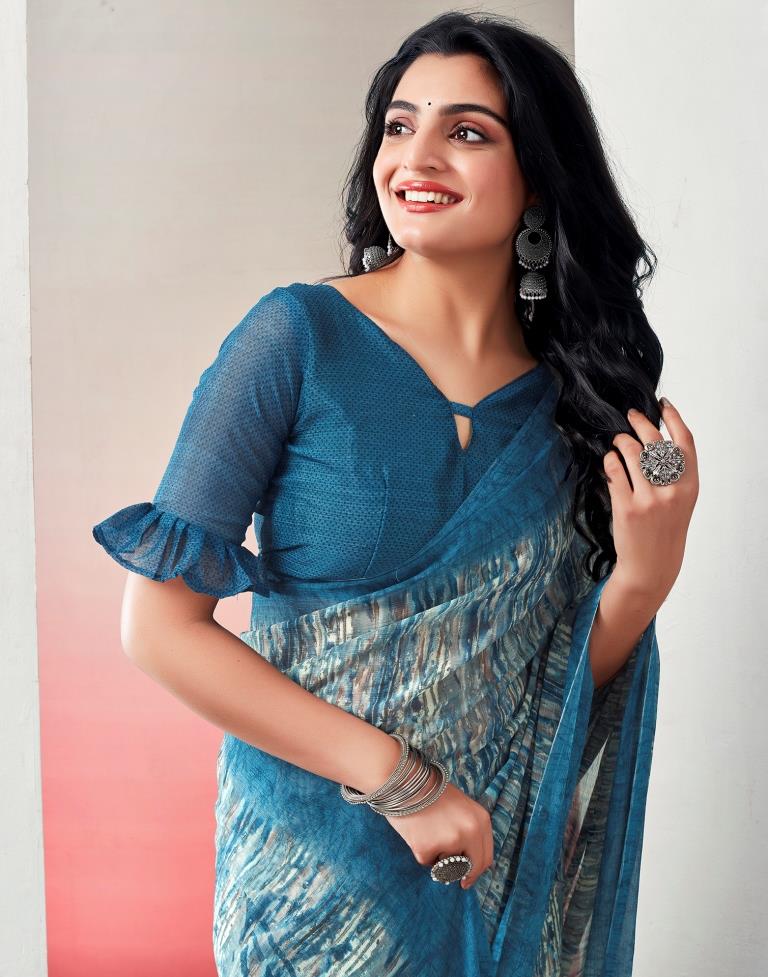 Teal Blue Chiffon Printed  Saree